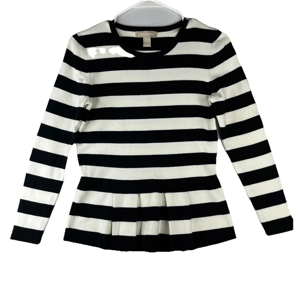 Banana Republic Women Small Black White Striped Peplum Knit Sweater Long Sleeve - Picture 1 of 16